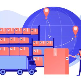 Order worldwide delivery service. Storehouse products storage. Transit warehouse, bonded warehouse, transferring process of goods concept. Pinkish coral bluevector isolated illustration