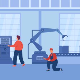 Production process using robots and computers at smart factory. Digital revolution, workers using machines with internet and data flat vector illustration. Technology, innovation, industry 4.0 concept